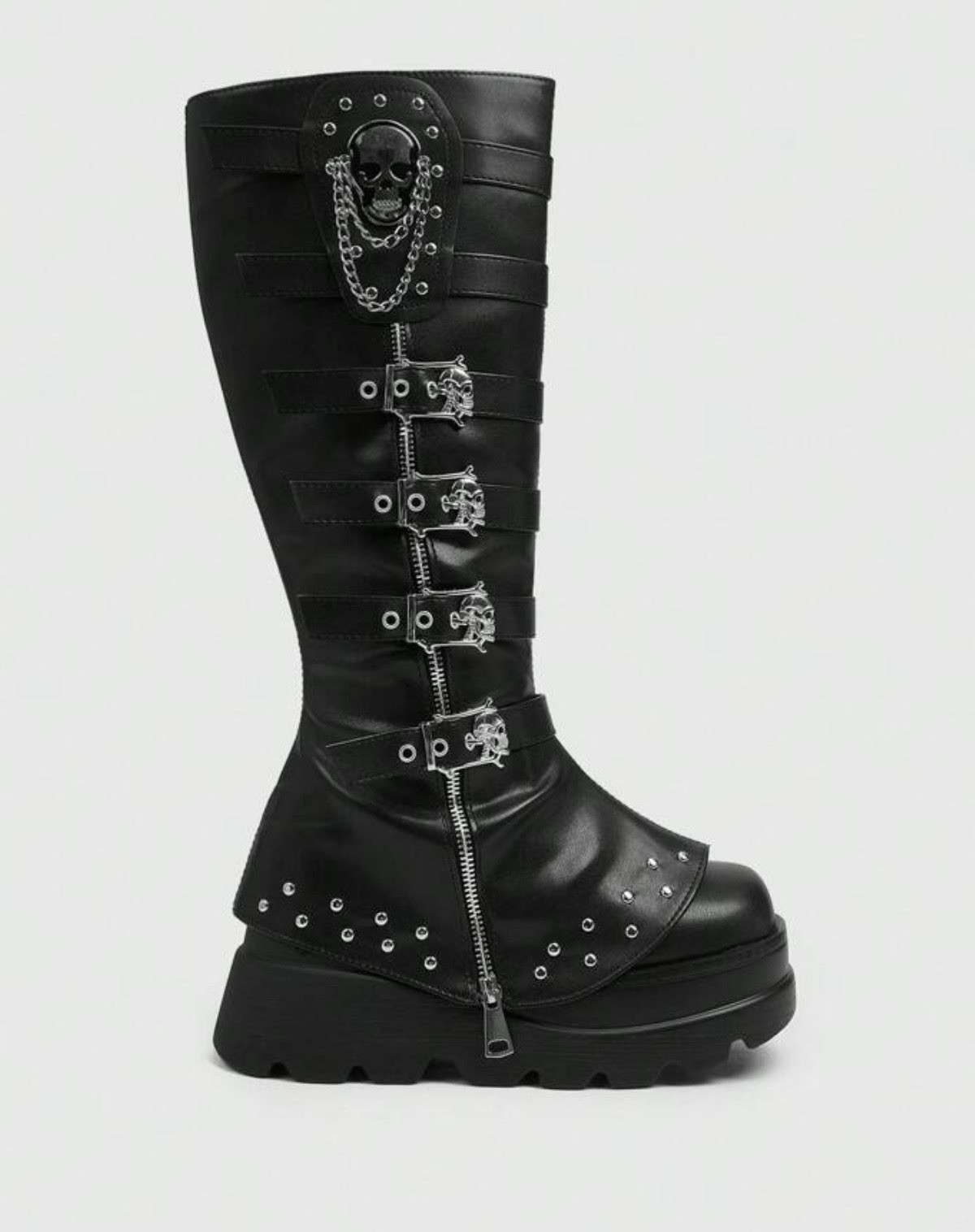 Gothic Skull Chain Platform Knee High Boots Punk Cyber Goth Black US 7