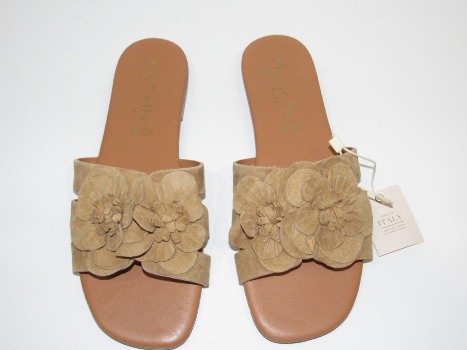 Mariella ITALY Tan Suede Flower Cushioned Flat Slides Sandals Womens size 9.5 US