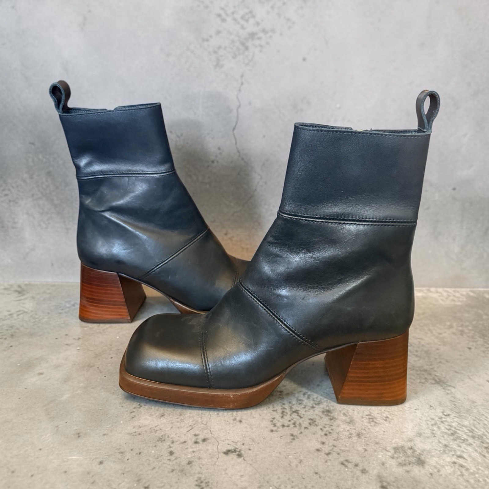 New ASOS Rhodes Premium Black Leather Platform Hippie Boots Chunky Heel