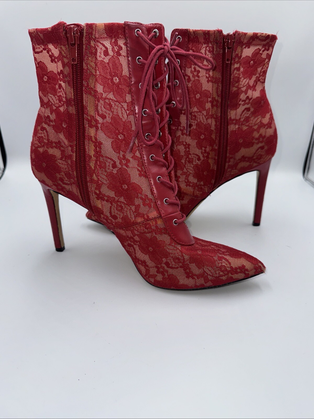 INC Womens Indira Red Floral Lace Up Booties Shoes 9M See description …