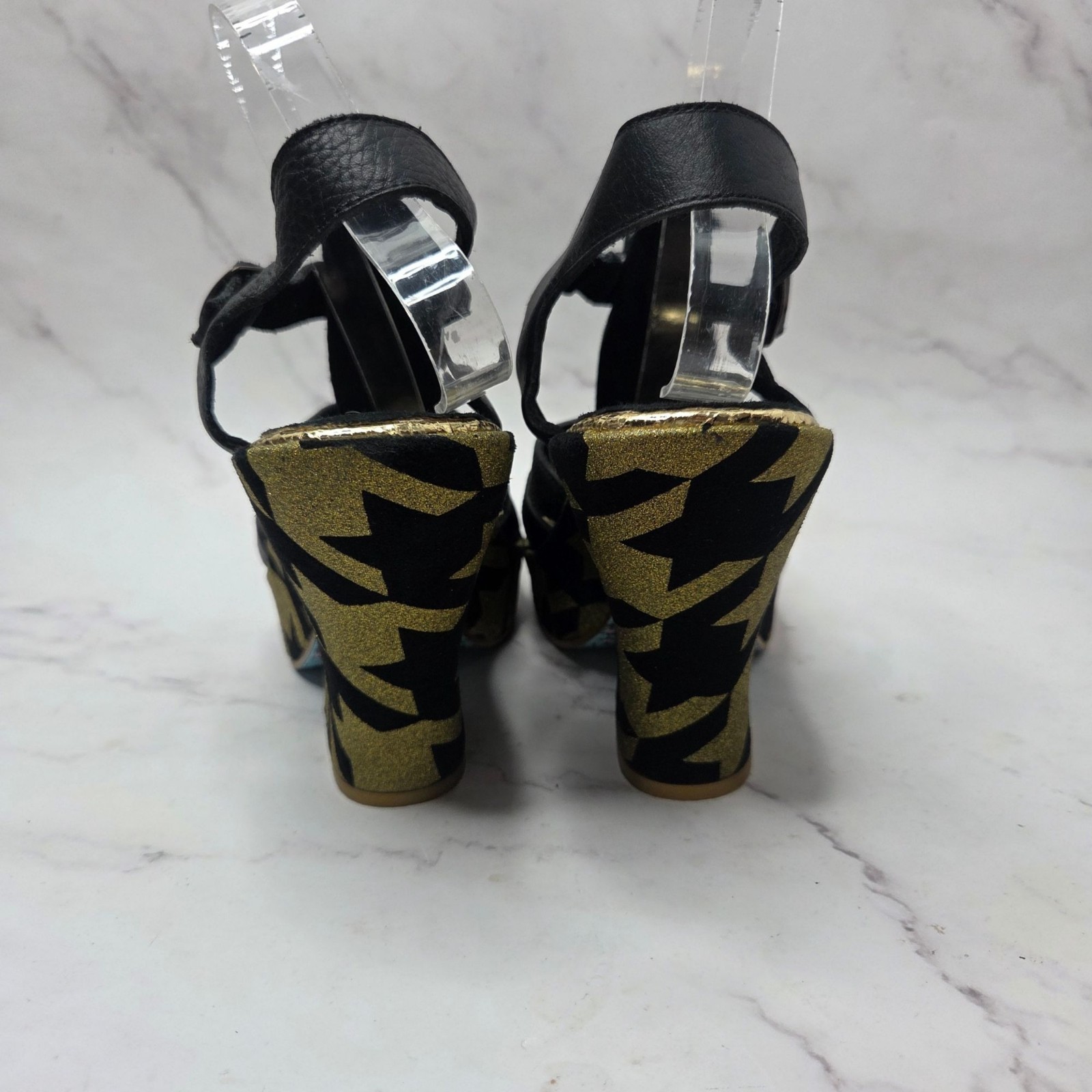 Irregular Choice Gold Black Platform Heels Leather Strappy Women’s 9