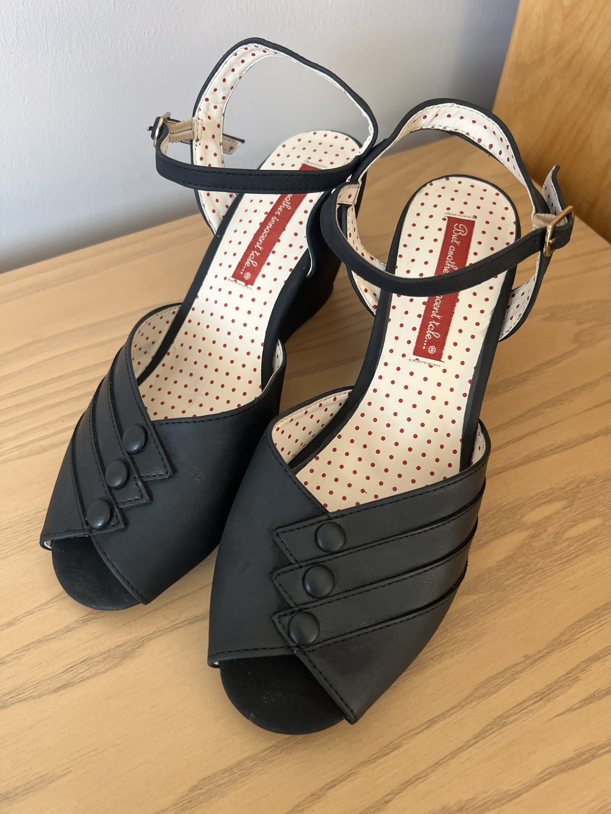 B.A.I.T. Footwear Black Peep Wedge Sandals Heels But Another Innocent Tale 8.5