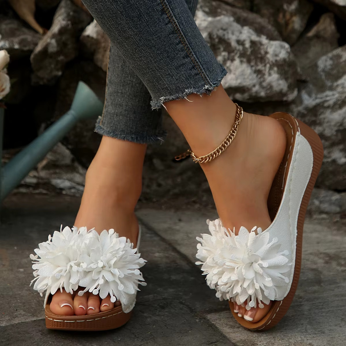 Women’s Flower Wedge Sandals Open Toe Slip-On Summer Platform Slides Casual