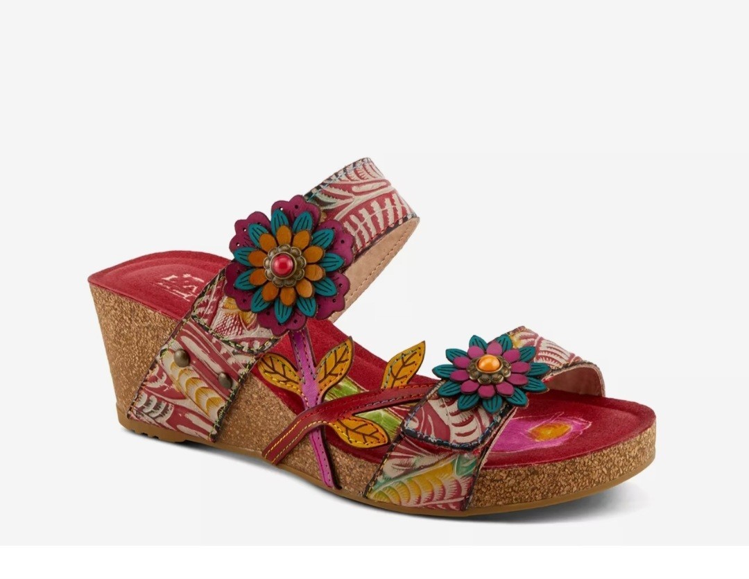 L’Artiste by Spring Step Moai Red Multi Leather Wedge Sandal NWOB Size 40 US 9