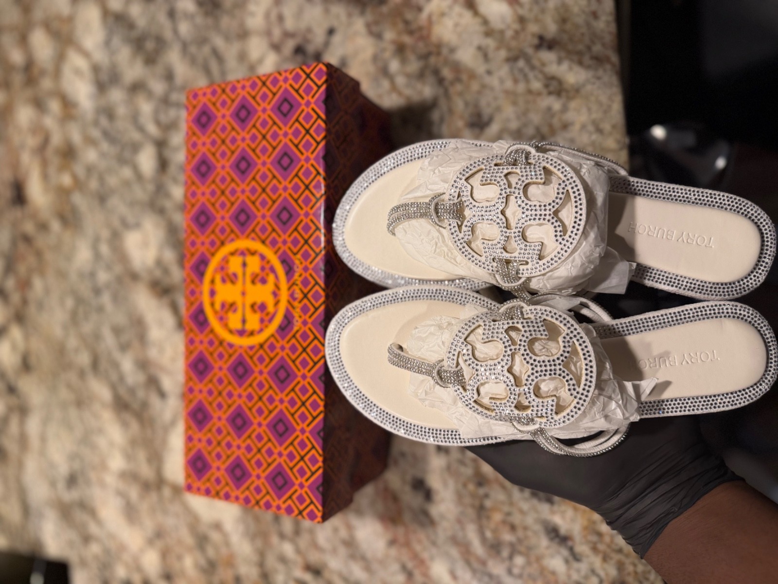 Tory Burch Miller White Crystal Rhinestone Leather Thong Sandals Women’s