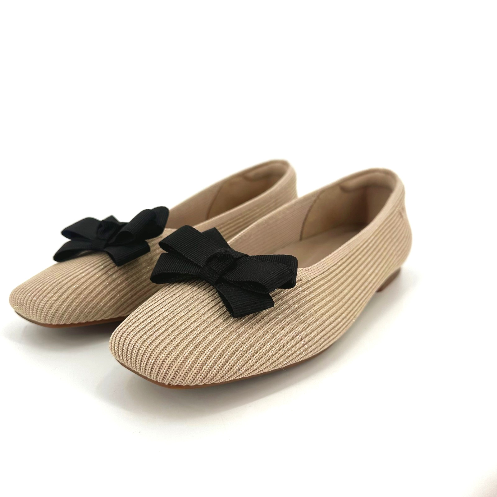Vivaia Margot Ribbed Ballet Square Toe Flats Size 40 US 9.5 Removable Bow Preppy