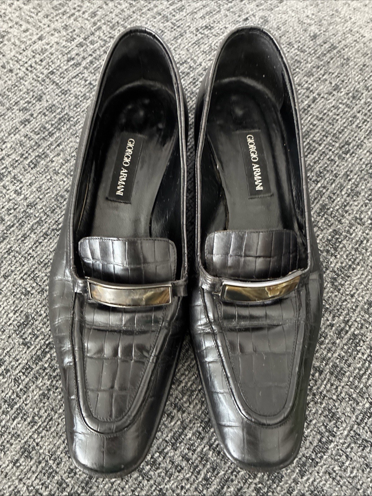 Giorgio Armani Women’s Black Croc Embossed Leather Square Toe Loafers 37.5