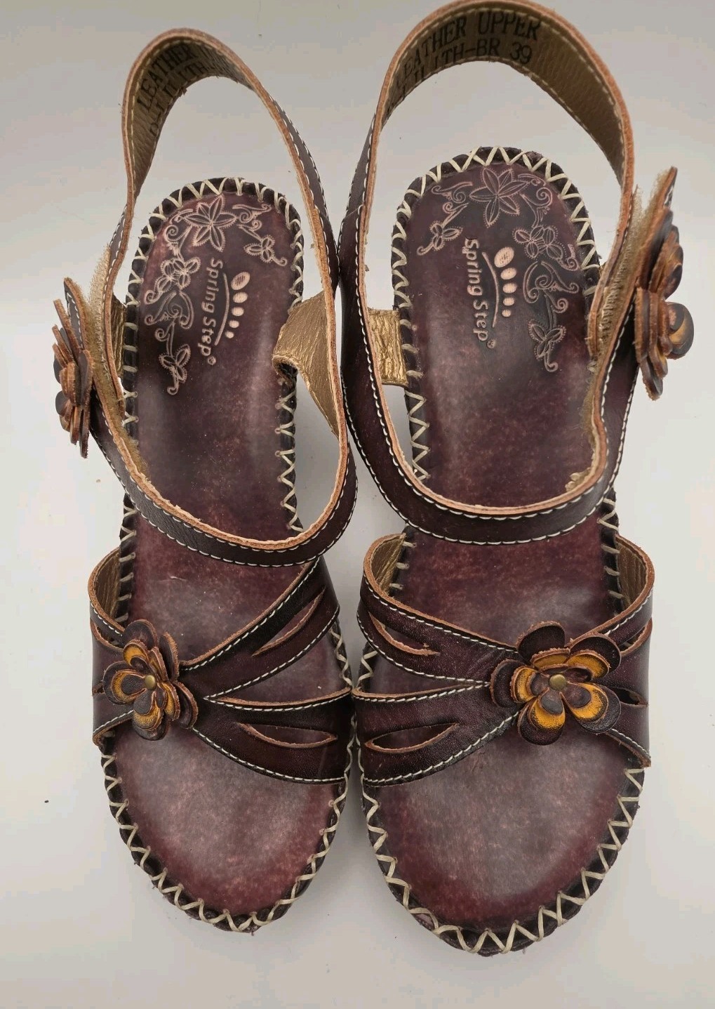 L’Artiste by Spring Step Lilith-BR Brown Leather Floral Wedge Sandals Women’s 39
