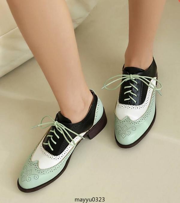 Retro Womens Brogue Pumps Shoes Lace Up Wing Tip Casual Fashion Flat Oversize