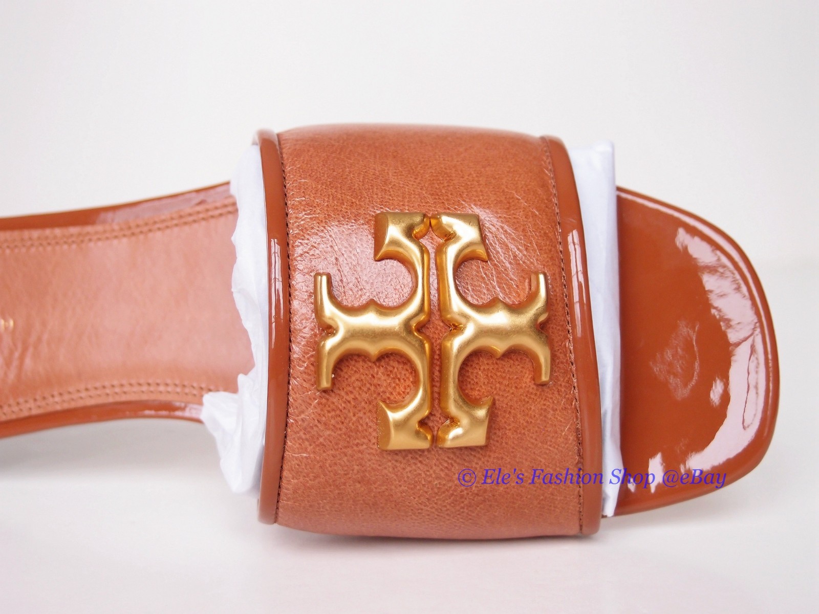 NIB Tory Burch Eleanor Leather Slides Bourbon Brown Tan US 8 8.5 9 AUTHENTC