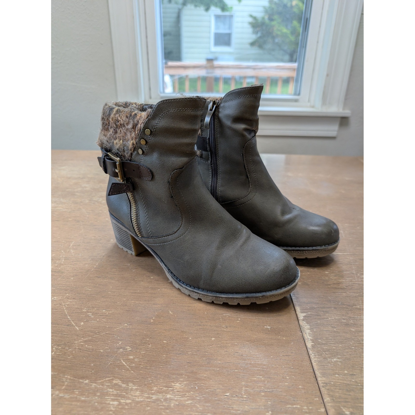 spring Step Womens Faux Leather Ankle Boots Knit Sweater Cuff Block Heel 39