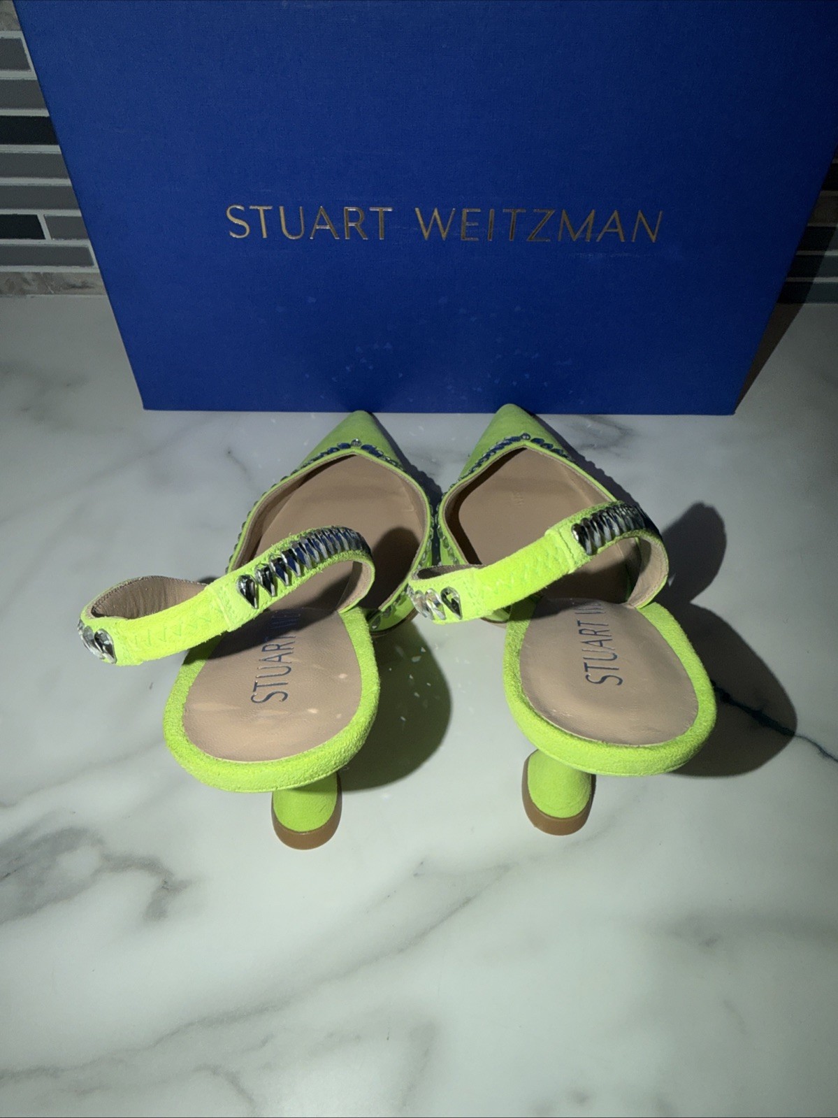 Stuart Weitzman GEMCUT XCURVE 100SLINGBACK Neon Green Suede Swarovski Crystal 6B