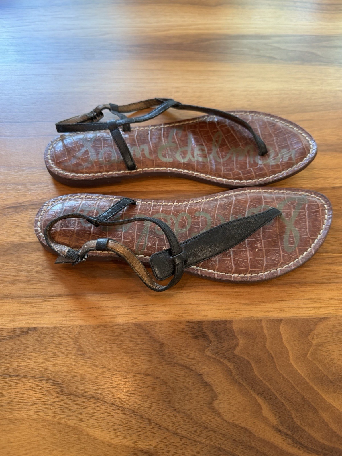 Sam Edelman Brown/Black Leather Croc-Embossed Thong Sandals Buckle US 8