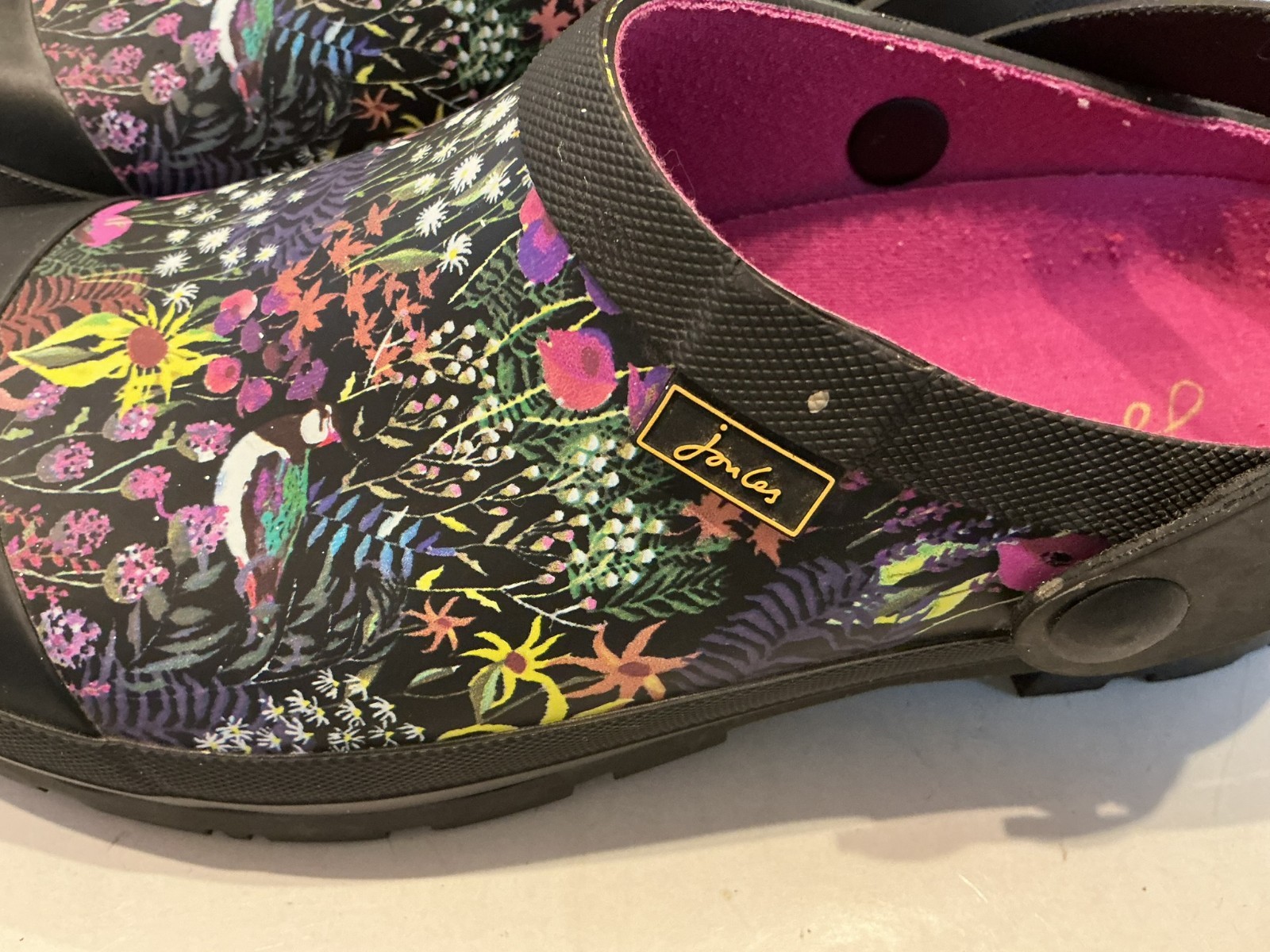 Joules Welly Clogs Size 8 Sling Back Black Ditsy Floral Garden Rain Pre-owned