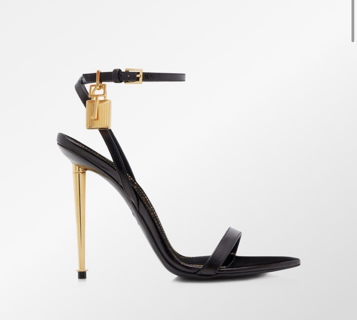 Tom Ford Black Leather Strappy Ankle Strap Padlock Sandals Gold HW 8 New Box