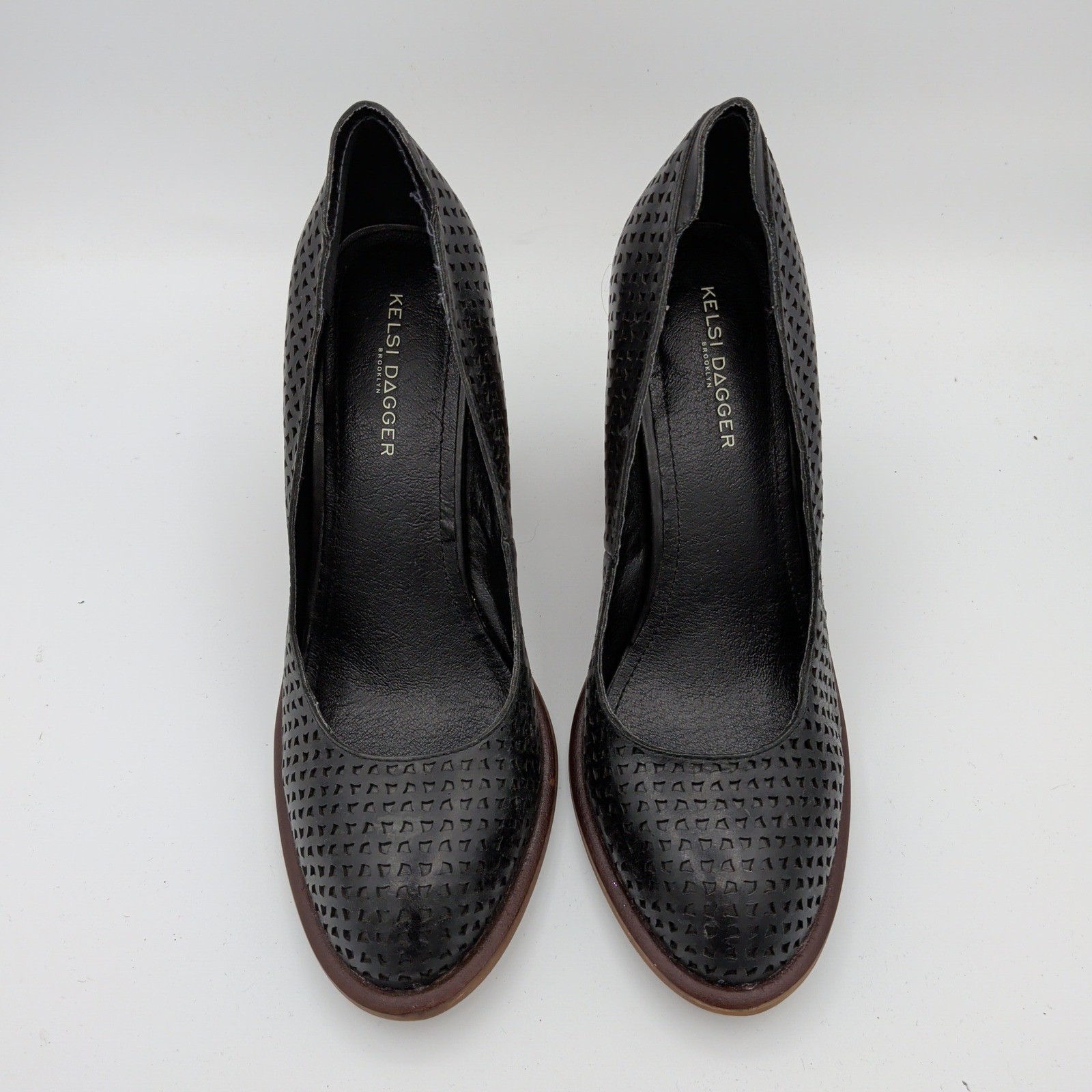 Kelsi Dagger Brooklyn Hall Black Leather Perforated Block Heel Pumps Size 9.5