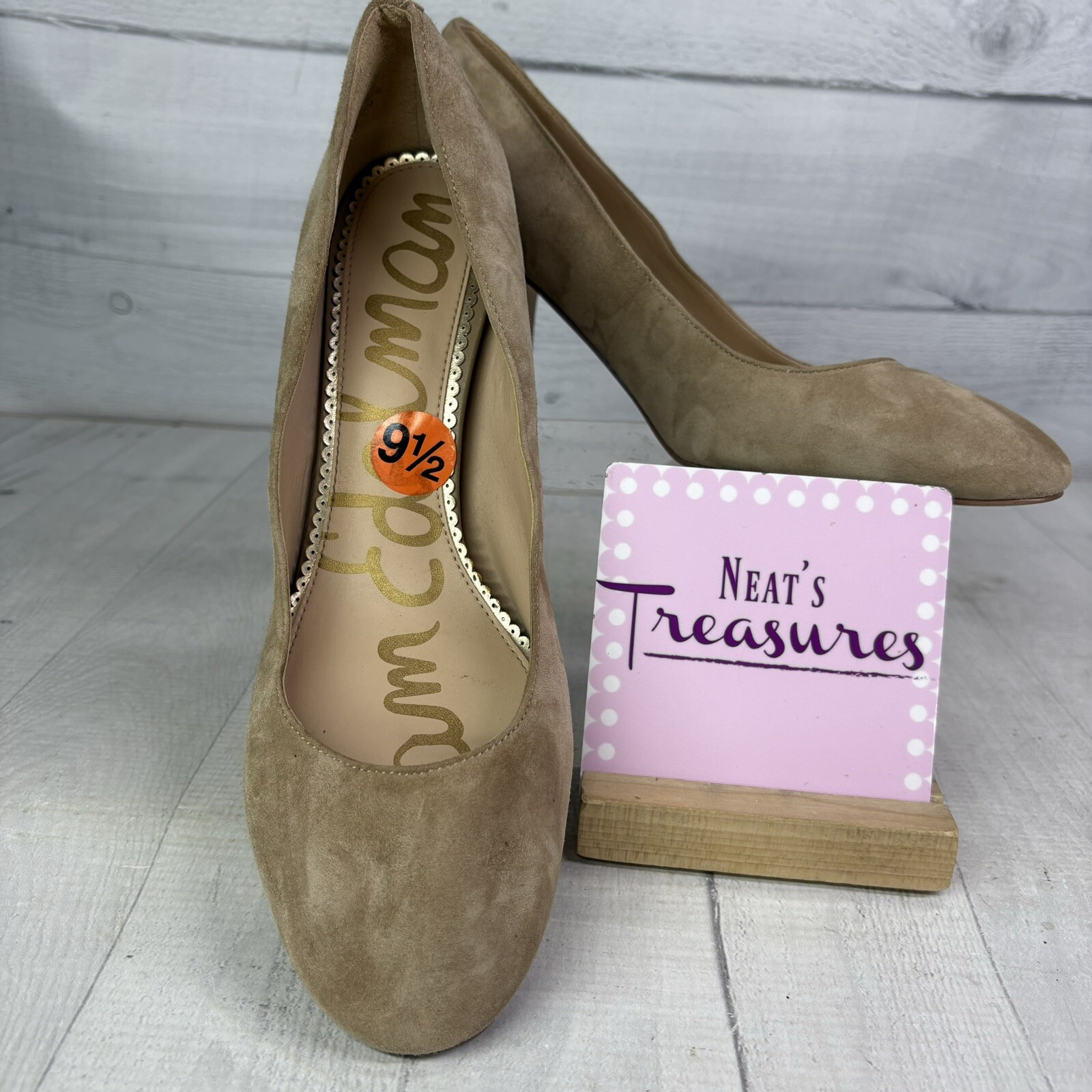 Sam Edelman JUNIE Oatmeal Suede Leather Block 3.25″ High Heel Size 9.5 M EU 39.5