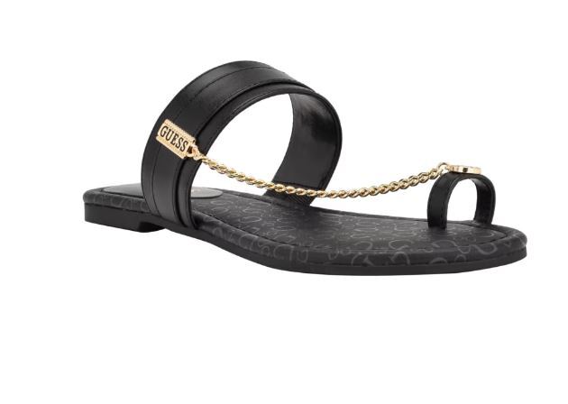 NEW WOMEN’S BLACK LEATHER GOLD CHAIN GUESS FLIP FLOP SANDALS LOCKS 5,6,7,8,9,10