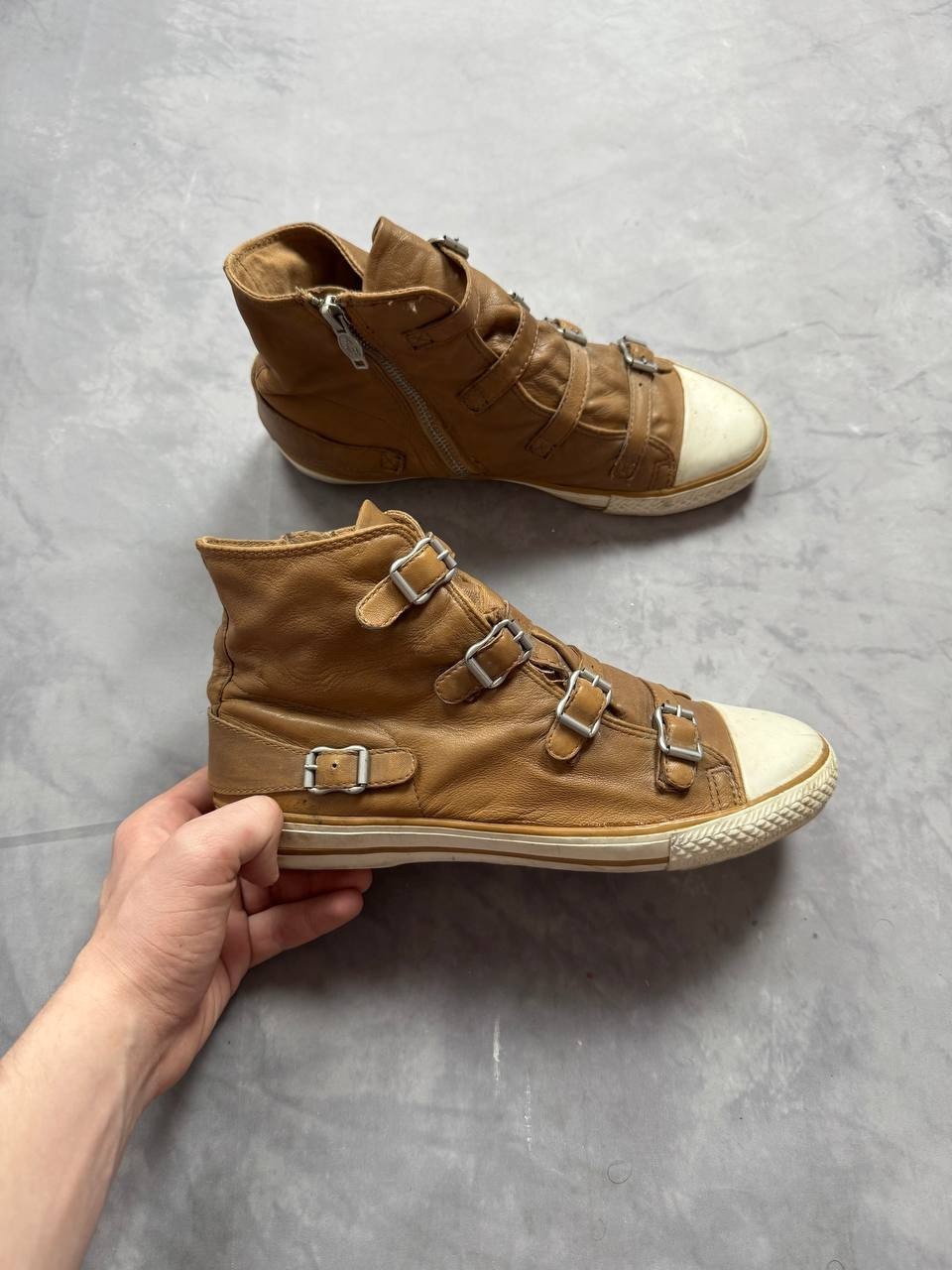 ASH Limited Brown Leather High Top Sneakers Buckle Strap Zip Women EU 40