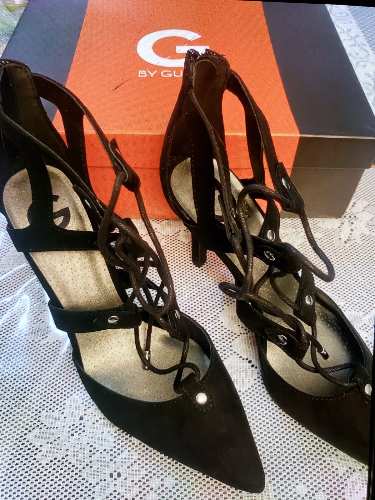 G by GUESS Black Lace-Up Pointed Toe Strappy Stiletto Heels 7.5 M