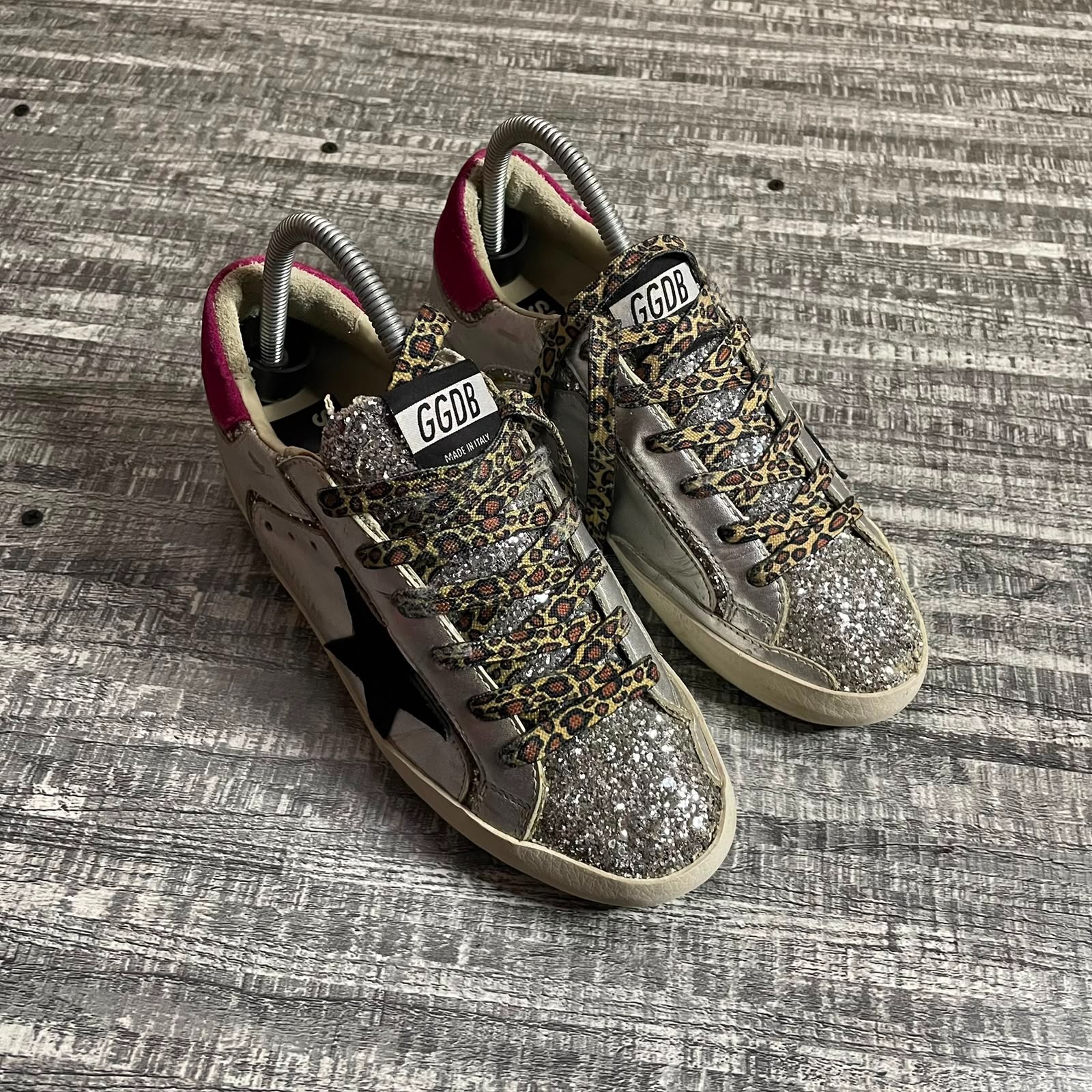 GOLDEN GOOSE SUPERSTAR SILVER GLITTER BLACK STAR PINK HEEL LEOPARD LACES EU 38