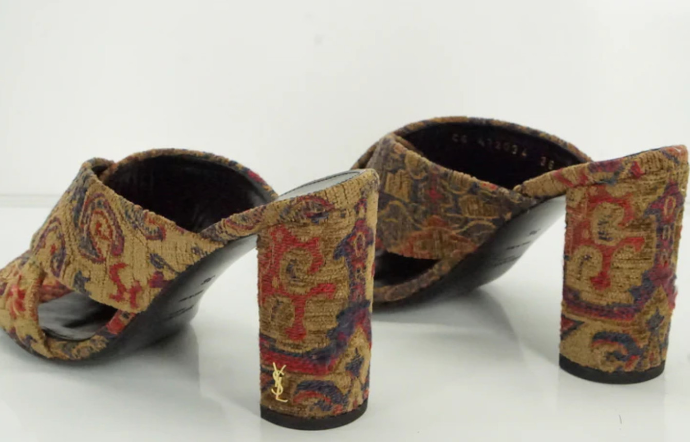 Saint Laurent LOULOU 95 SAFFRON ROUGE Jacquard Logo Heels Mule sz US 6 IT36 $895