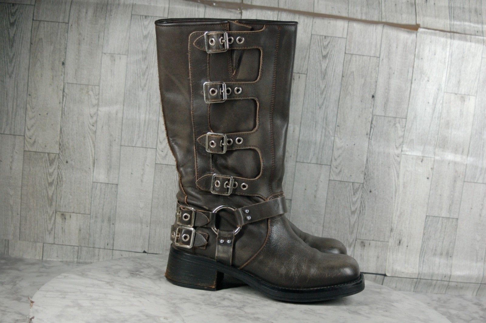 Steve Madden Brocks Biker Boots Women 8.5M Punk Harness Shoes Brown Distressed