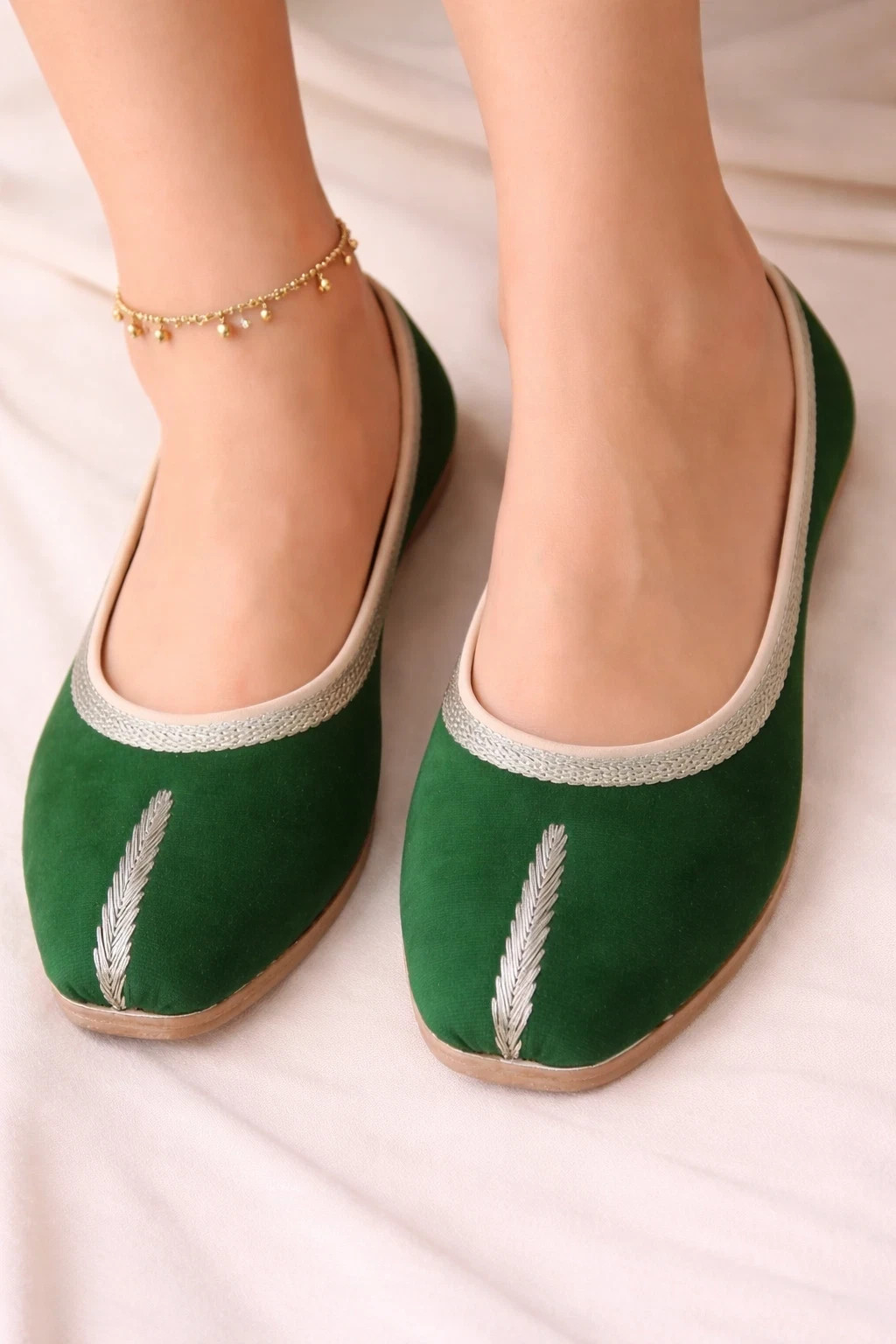 Women Shoes Indian Handmade Leather Green Mojaries Ballet-Flats Jutties US 6-11