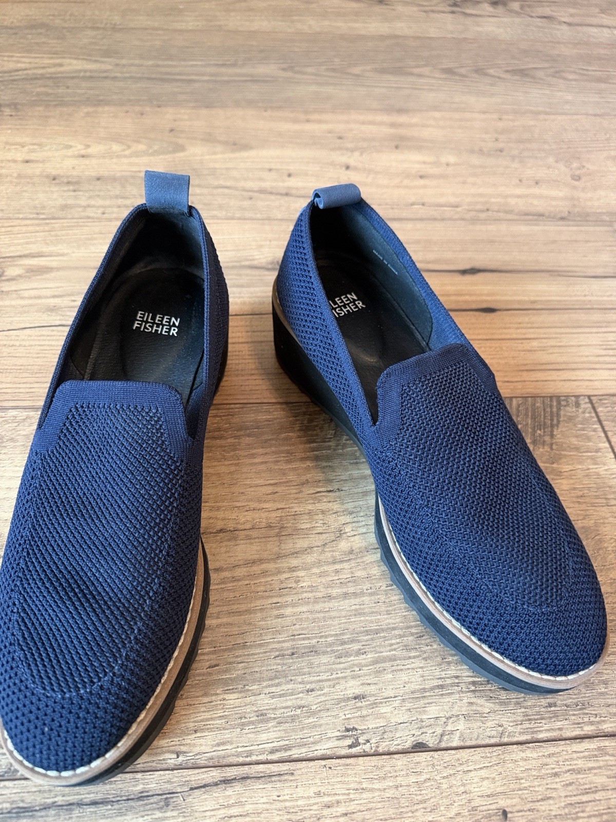 Eileen Fisher Lindy Recycled Stretch Knit Platform Wedge Loafer Shoes Navy 8