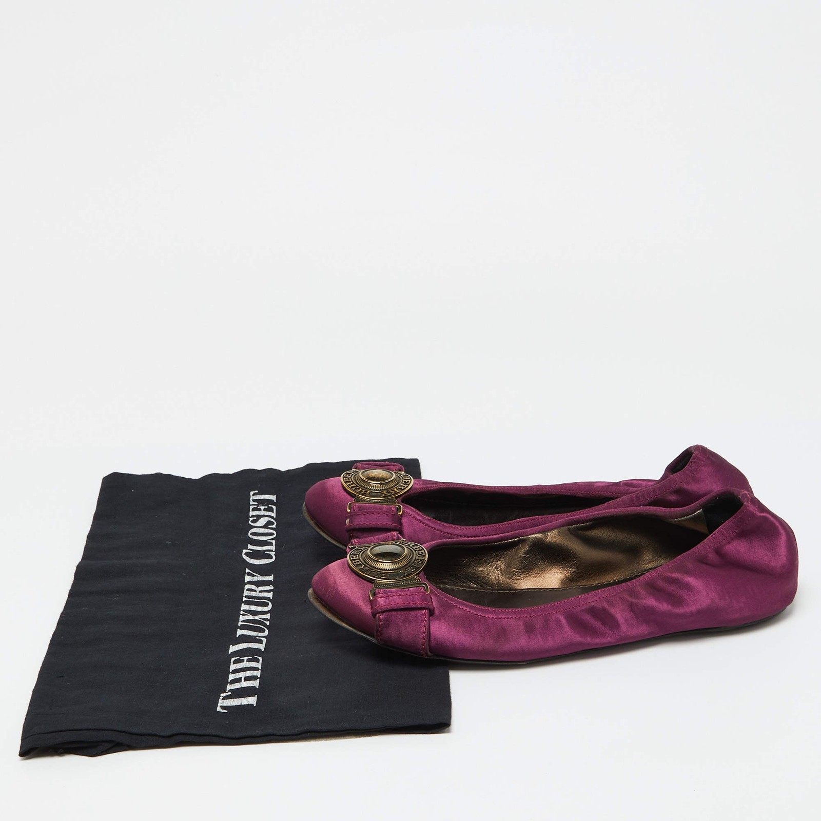 Burberry Purple Satin Buckle Logo Scrunch Ballet Flats Size 37