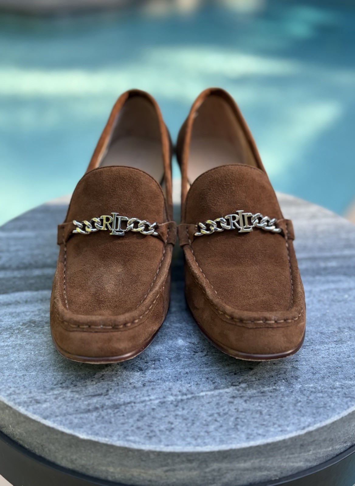Lauren Ralph Lauren Brown Leather Loafers Square Toe Chain Logo US 7 B EU 38