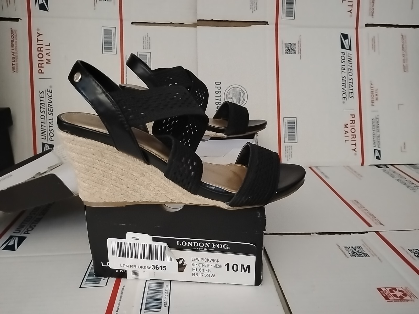 “London Fog” size 10 M , Woven Textile Sandals Pickwick BLACK Wedge Heel #00t