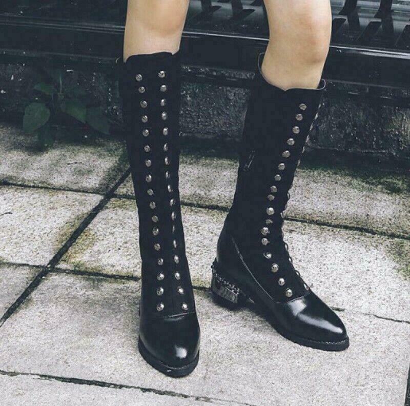 British Women’s Studded Pointy Toe Zip Knee High Boots Biker Gothic Riding Shoes