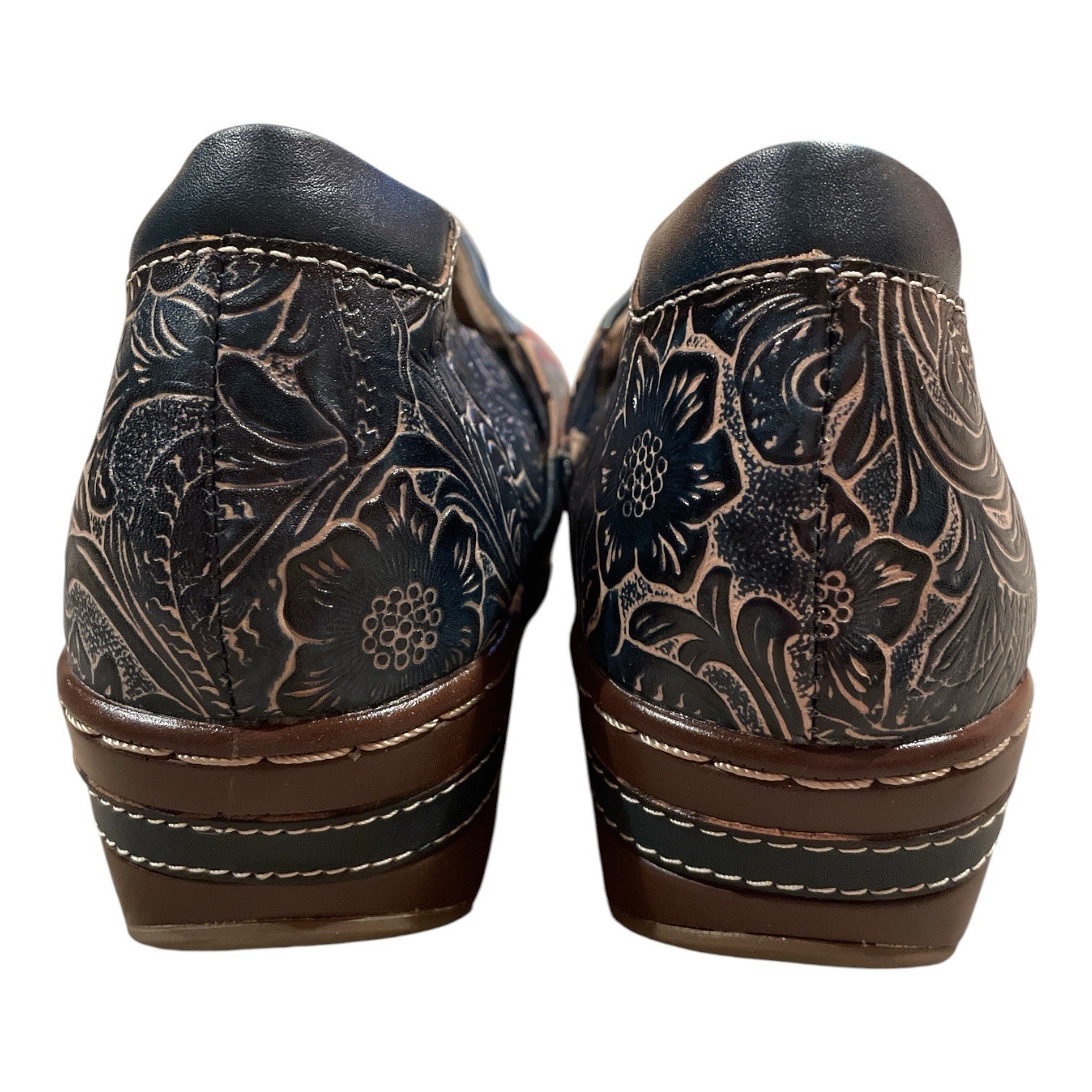 L’Artiste by Spring Step Leather Clogs Shoes Size 40 US 9 Embossed Floral Knit