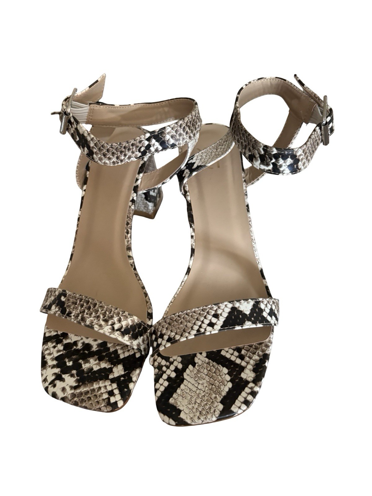 Women’s Snake Print Strappy Block Heel Sandals, Square Toe, Ankle Buckle size 10