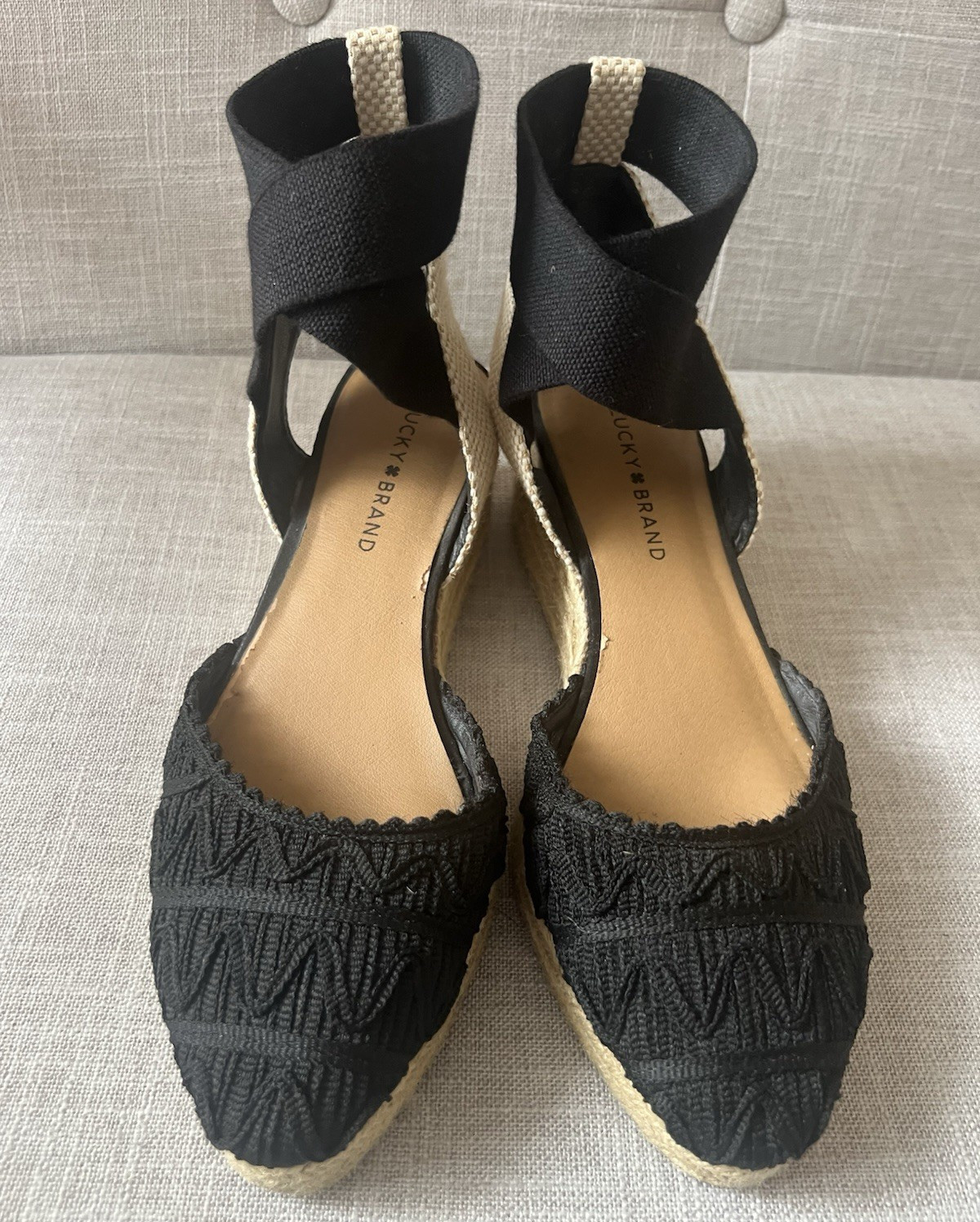 Lucky Brand Women’s Black Beige Espadrille Wedge Sandals Ankle Strap Fabric US 9