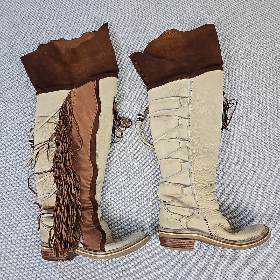 VTG 70s Hand Made Fringed Leather Western Boots Over Knee Concho Womens 9 USA
