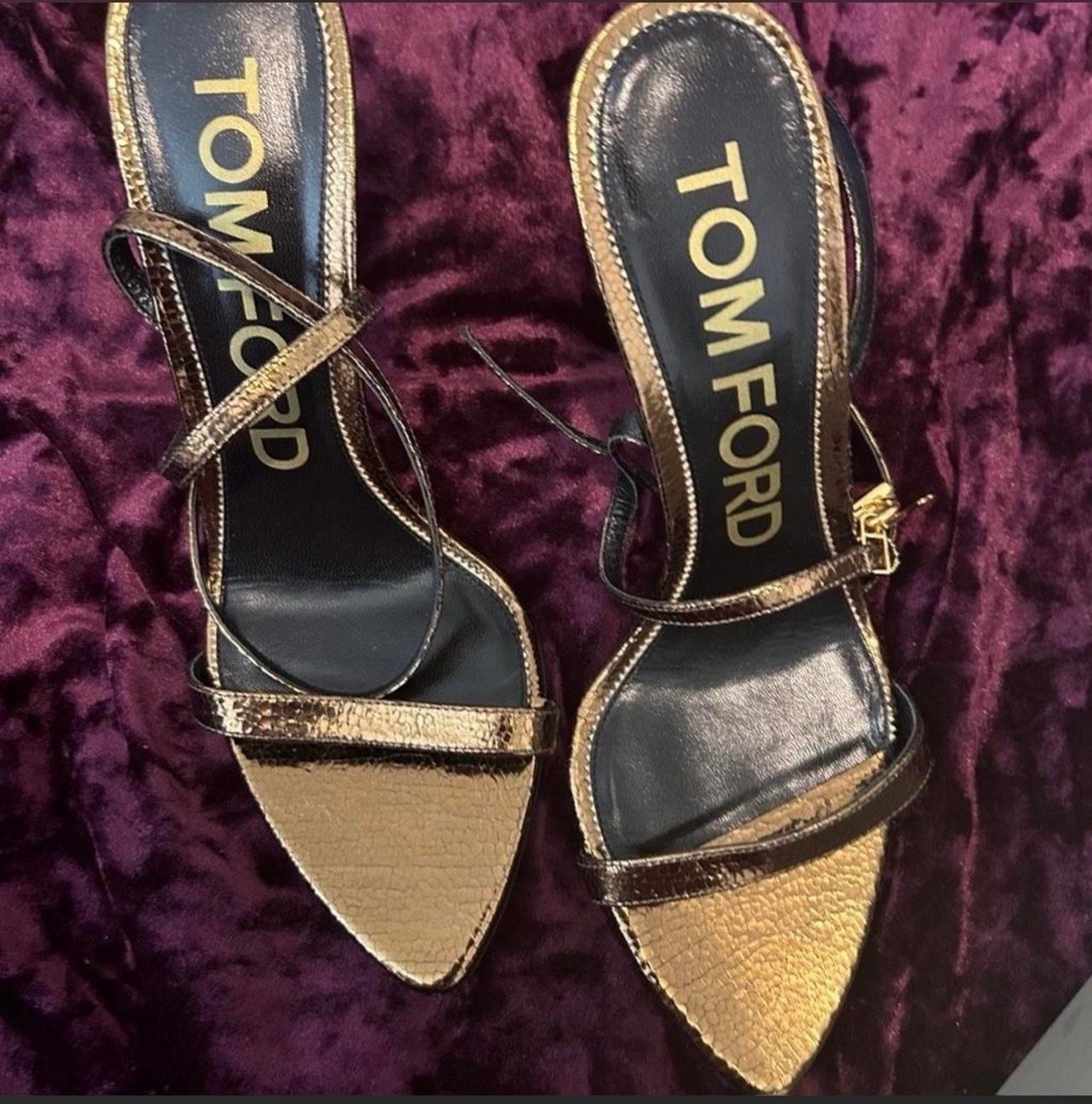 TOM FORD Women’s Gold Strappy Padlock Ankle Strap Pointed Stiletto EU 39