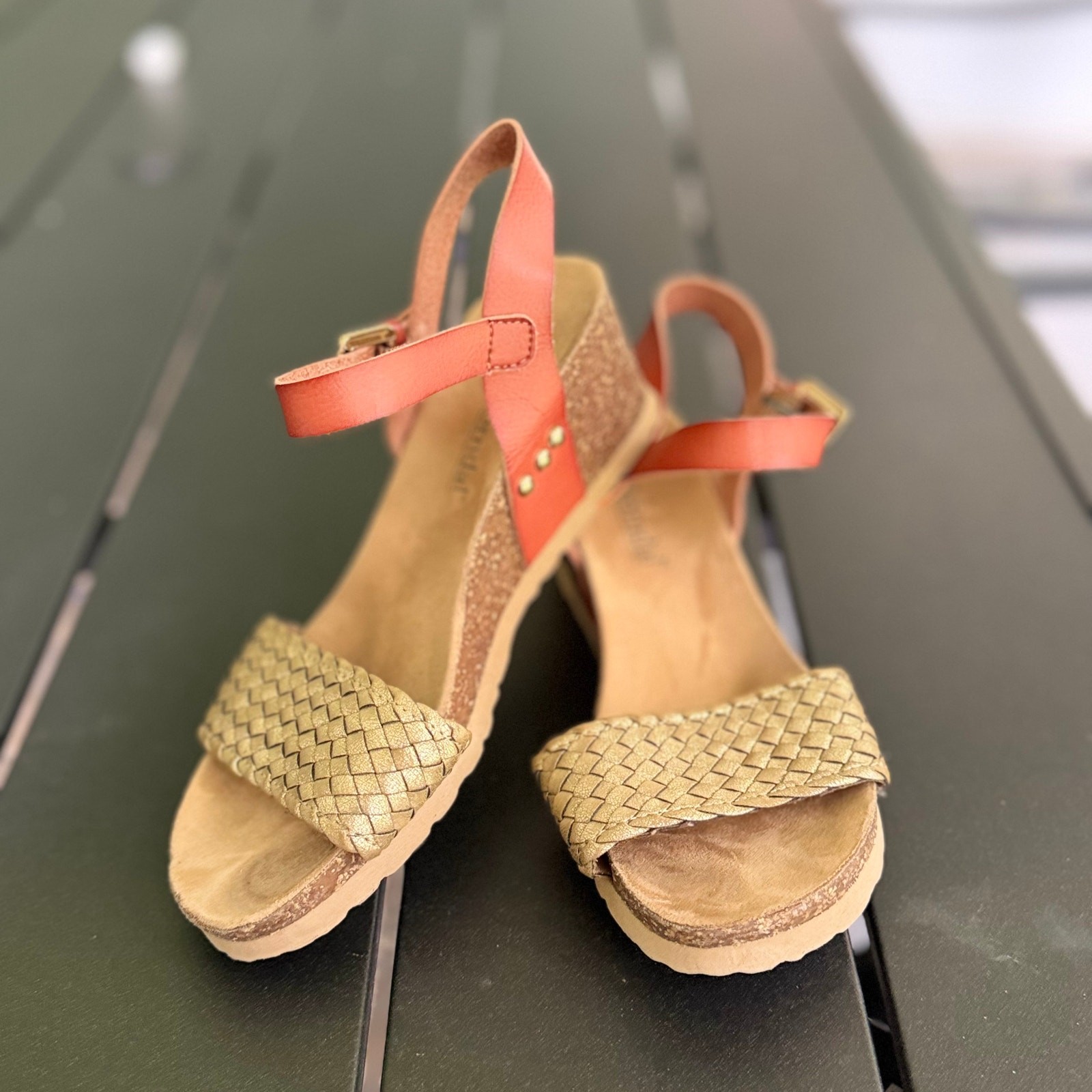 Bjorndal Womens Cork Wedge Sandals Orange Coral Ankle Strap Platform Heel [Size]