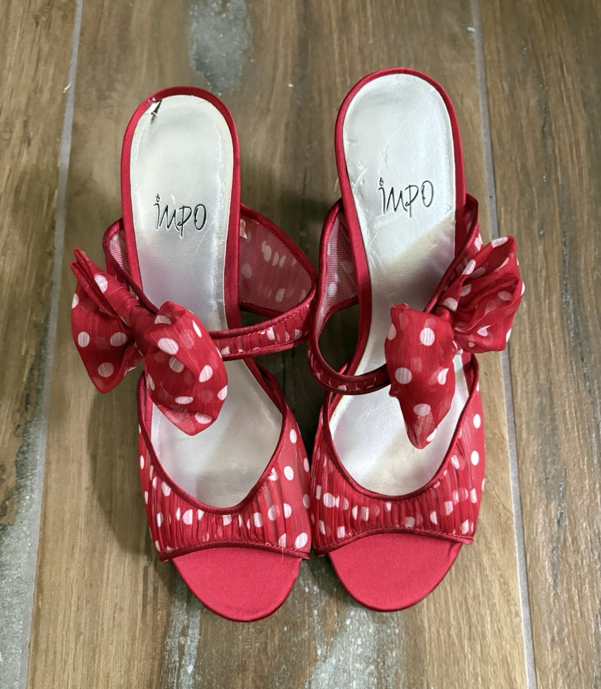 Impo Women’s Slingback Heels Red/White Polka Dot Bow Fabric Open Toe 7