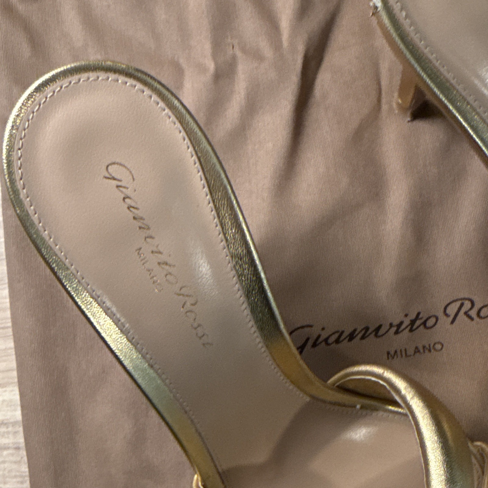 Gianvito Rossi Gold Leather Knot Open Toe Slip On Mule Stiletto Heels 7.5