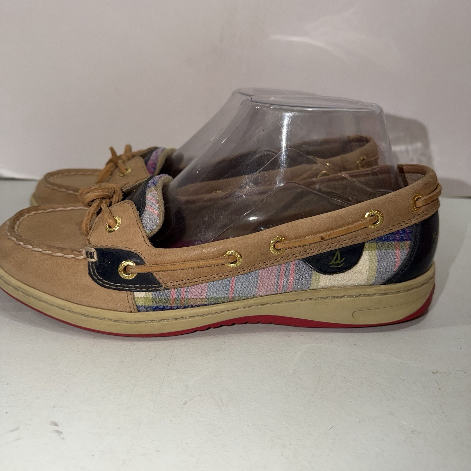 SPERRY Top Sider Anglefish Beige Leather Multicolor Plaid Boat Shoes Size 8.5