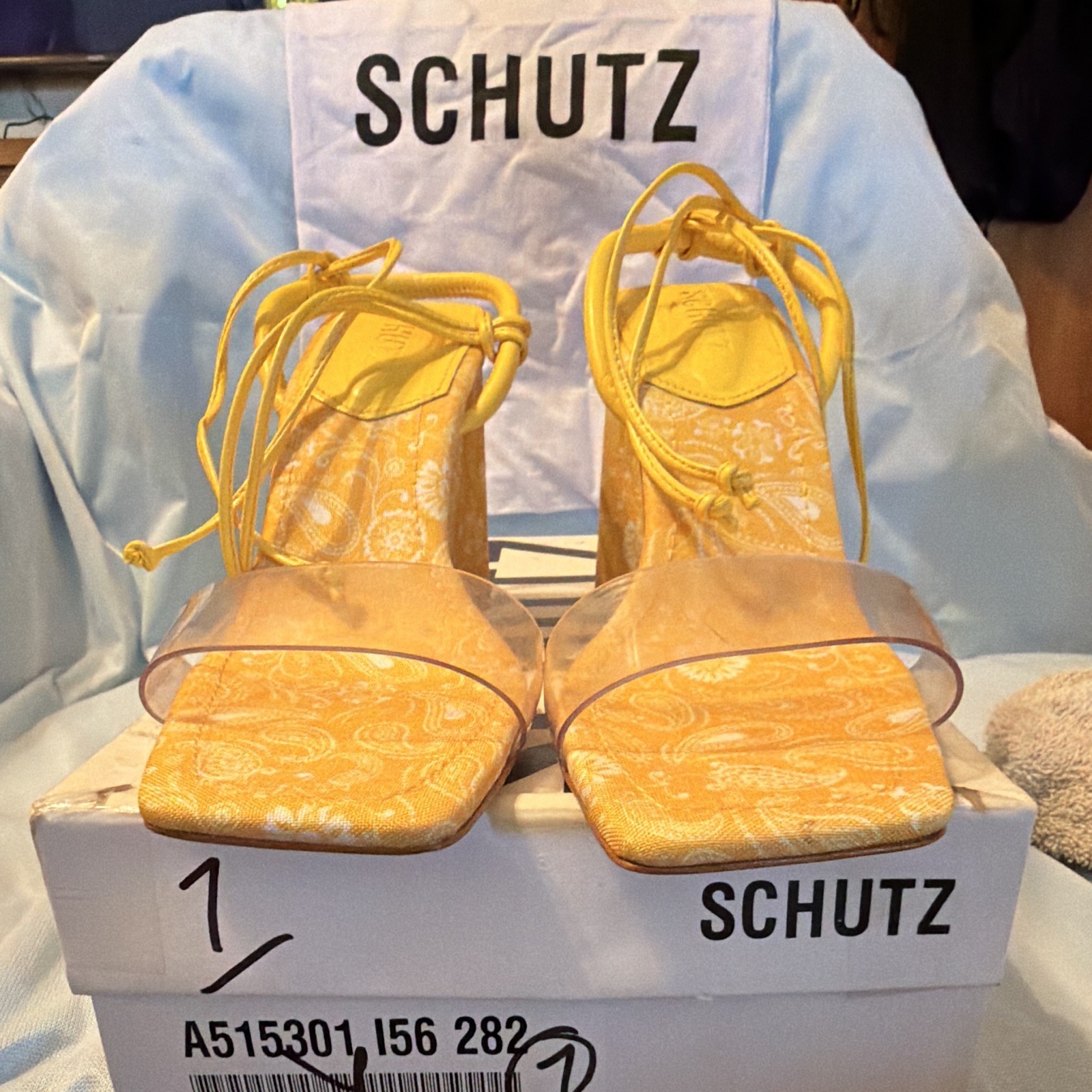 Schutz Yellow/Clear Paisley Tie Ankle Strap Sandals Women’s US 7