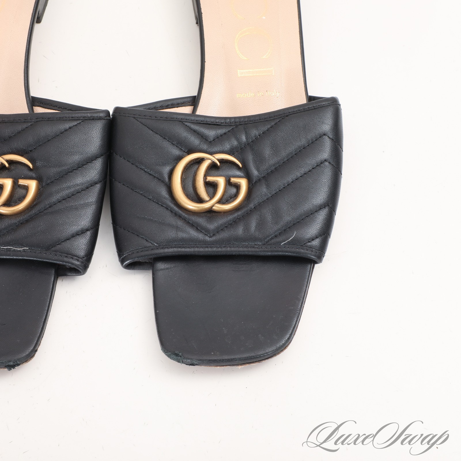 Gucci Made in Italy 646169 Double Decorated Marmont G Leather Flat Sandals 41