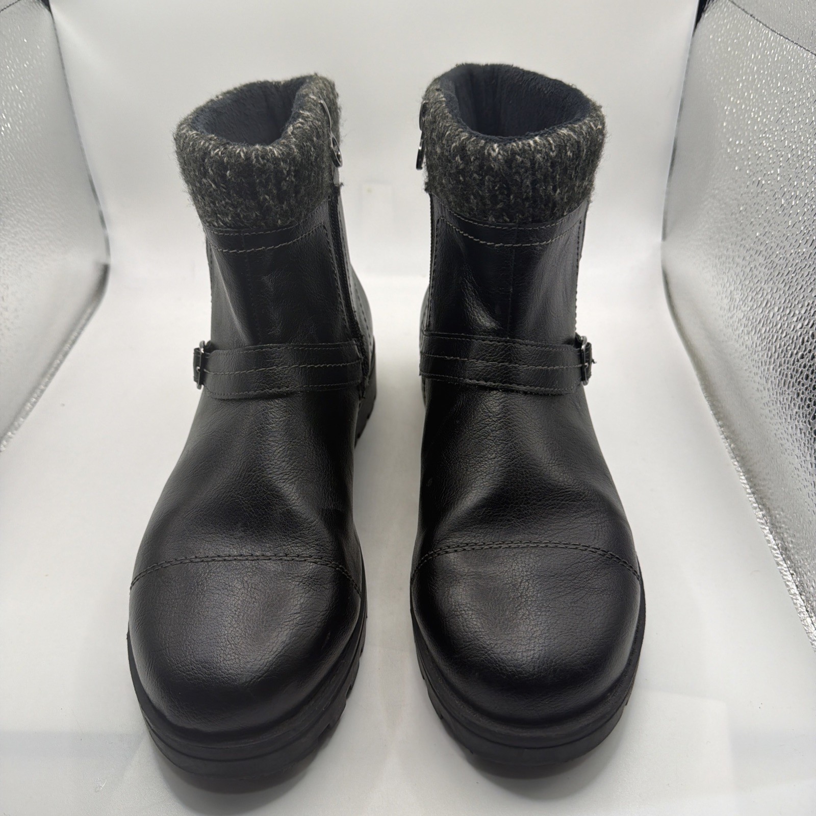 JSport Ankle Boots Womens Black Leather Round Toe Side Zip Buckle Comfort – 10