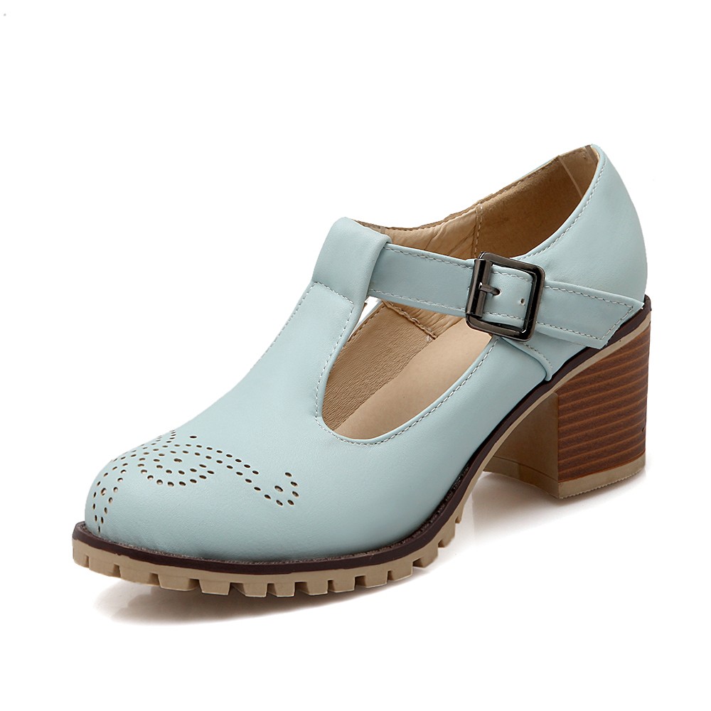 College Women’s Brogue T-Strap Chunky Heel Buckle Mary Janes Girls Pump Shoes