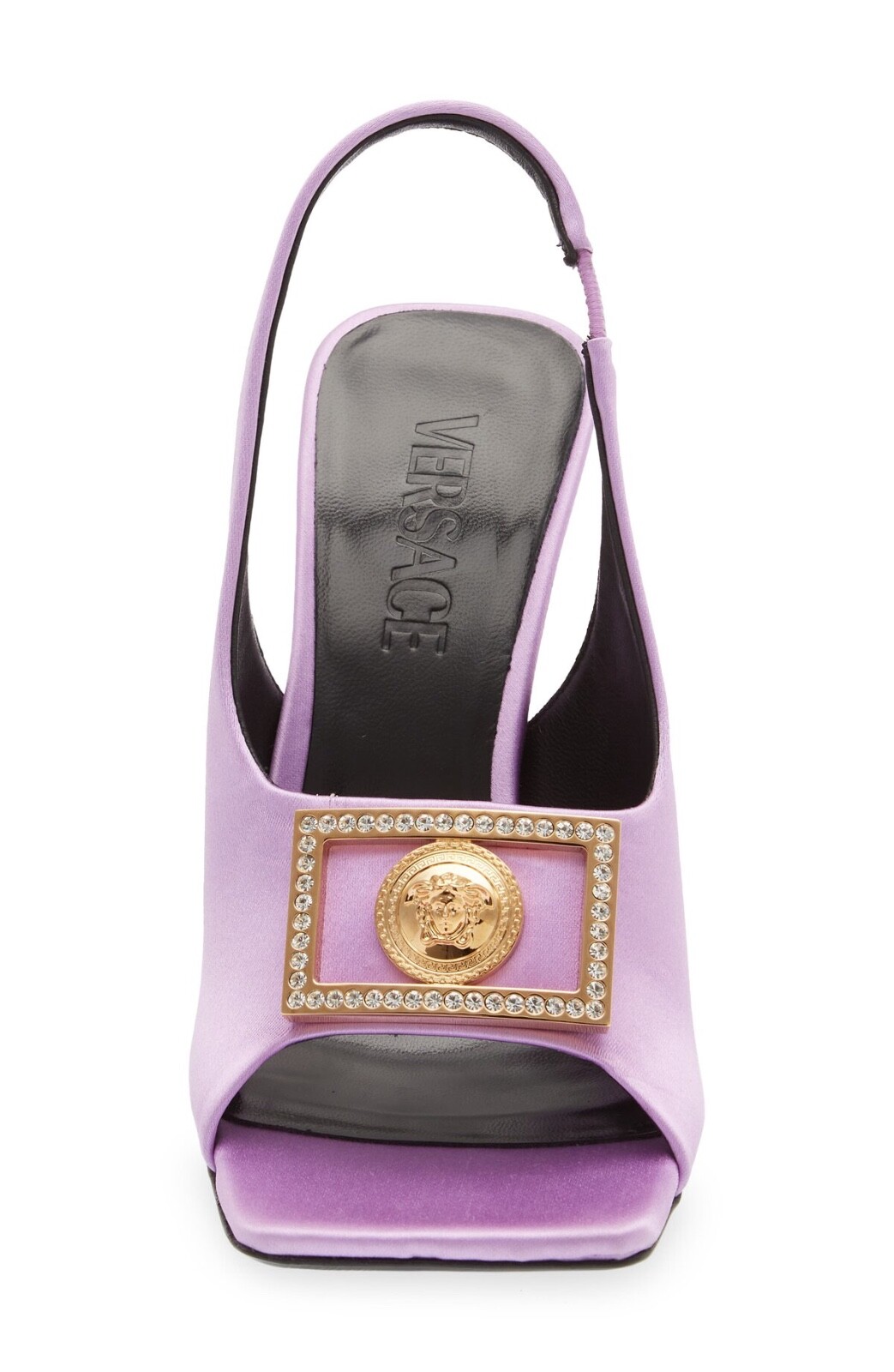NIB Versace Tribute Medusa Logo Crystal Satin Open Toe Slingback Pumps 37.5 7.5