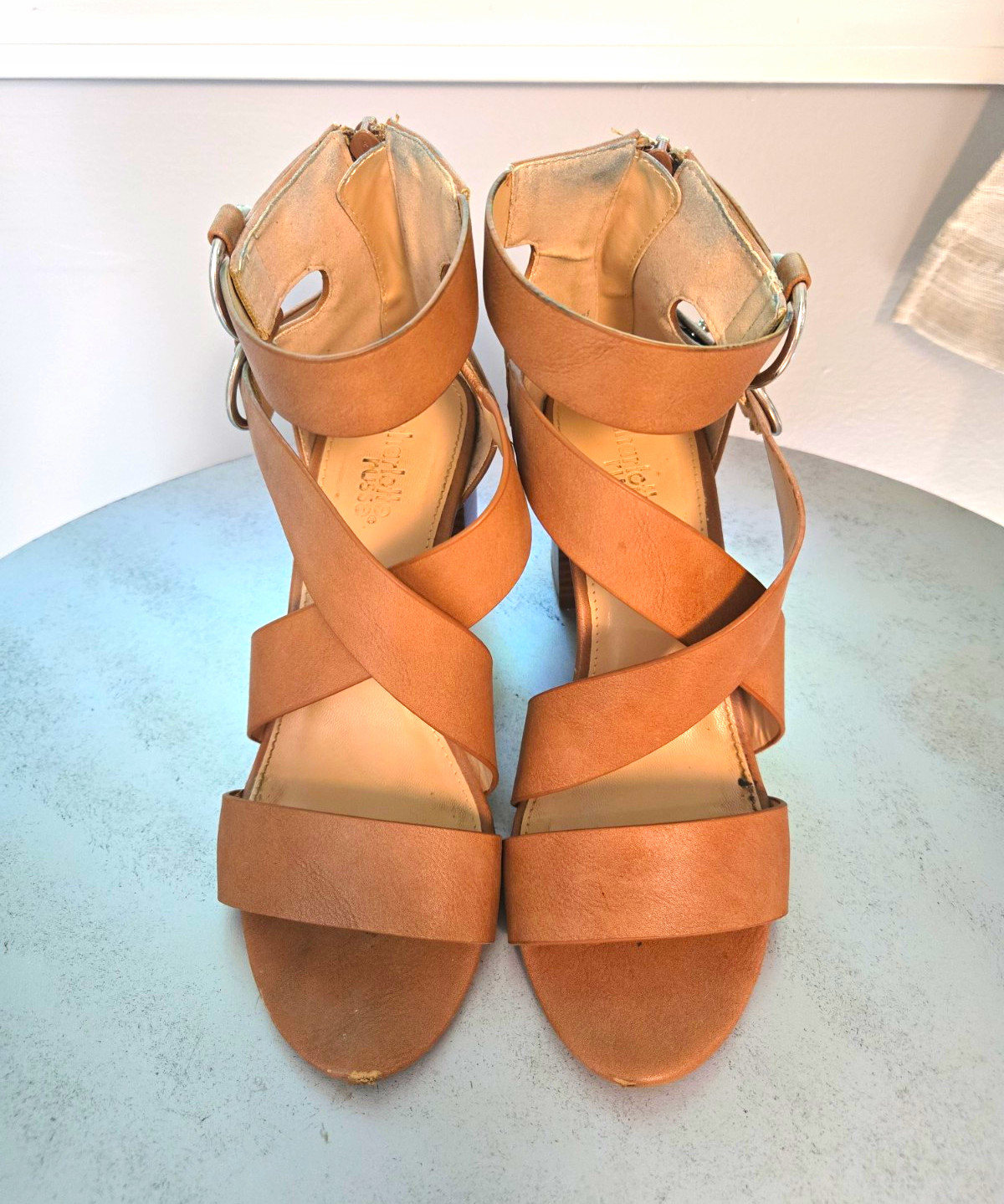 Charlotte Russe Tan Leather Strappy Open Toe Ankle Strap Zip Block Heels 7