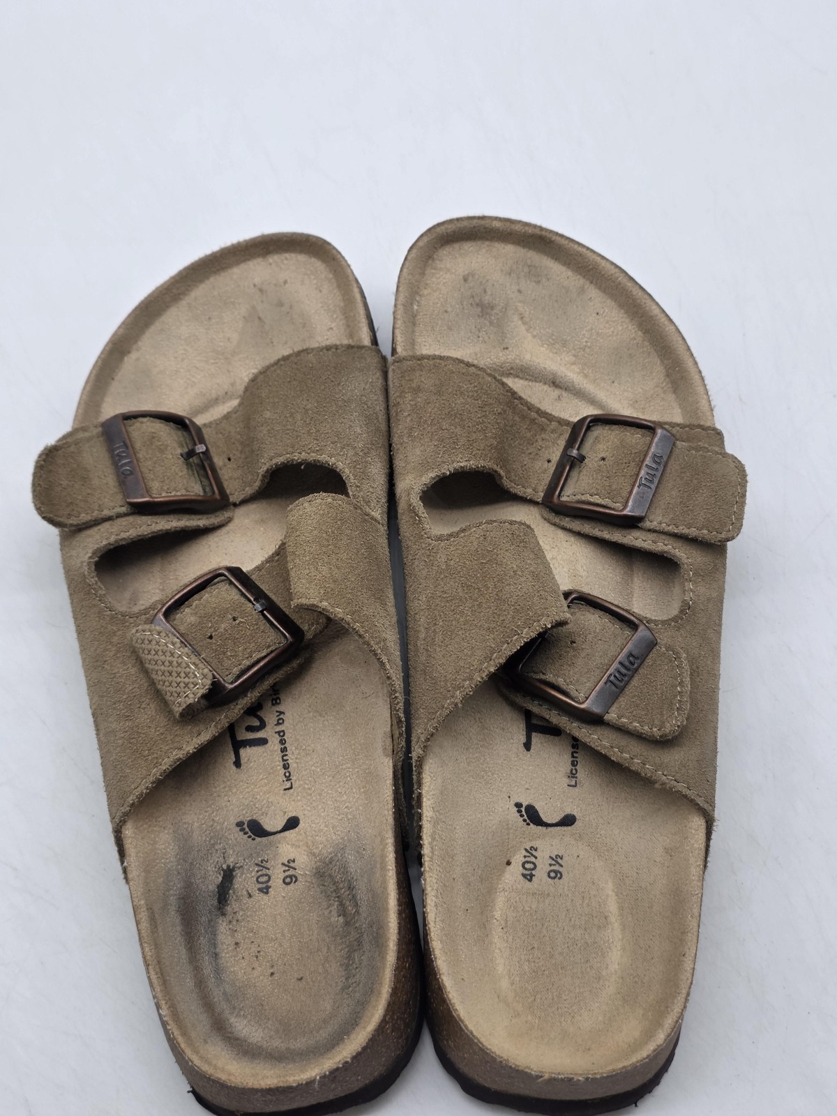Tula Sandals Womens Size 9.5 40.5 Brown Suede Cork Slide Buckle Stains Shoes