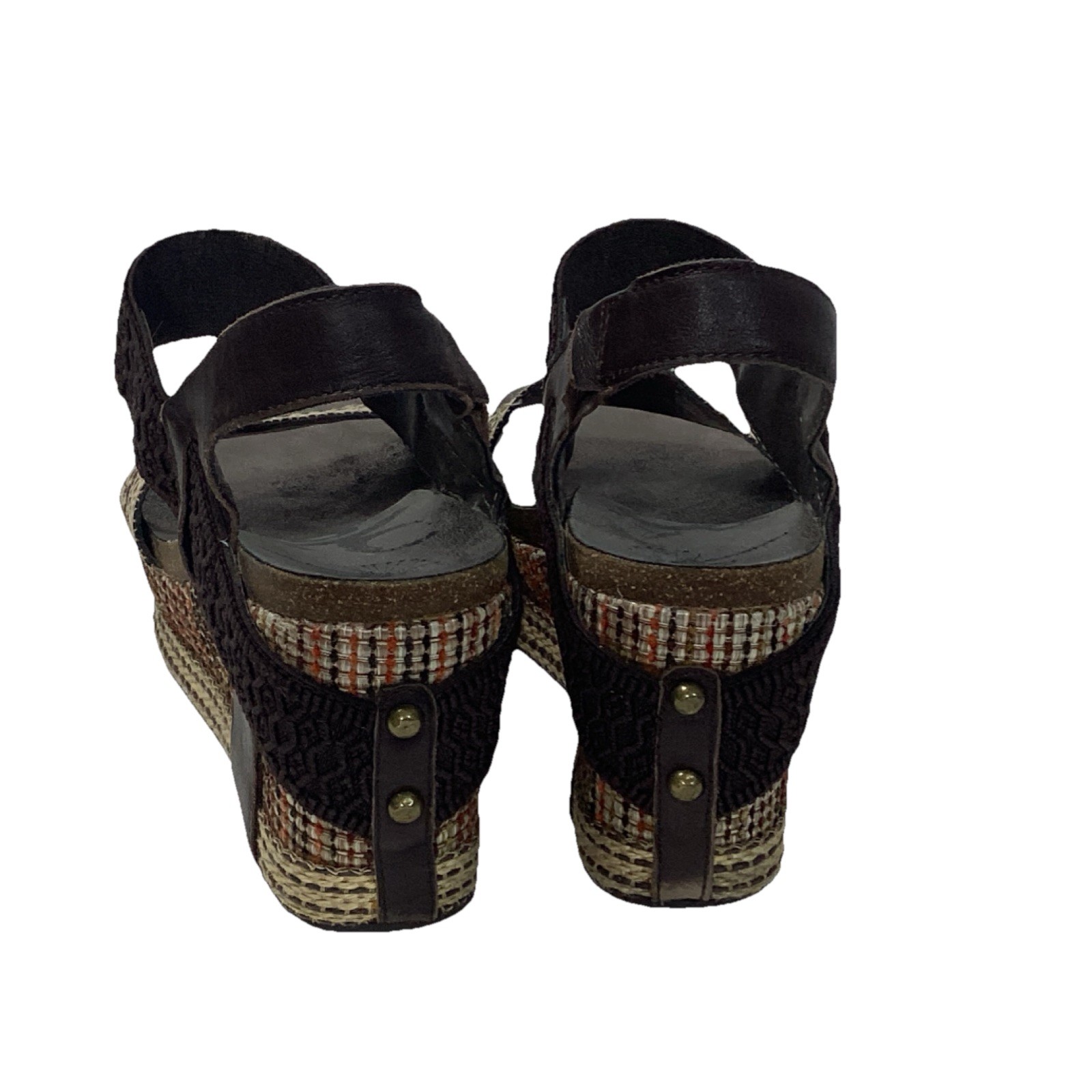 OTBT Strappy Wedge Sandals Brown Beige Textile Leather Studded Hook & Loop 9.5